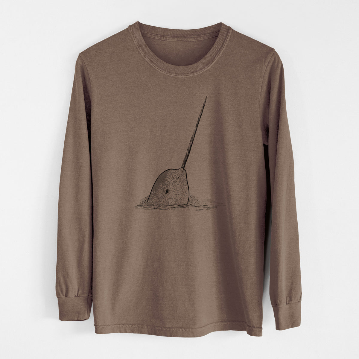 Espresso brown Comfort Colors long sleeve shirt laid flat, printed with a black ink illustration of a narwhal with its long spiral tusk pointing upward.