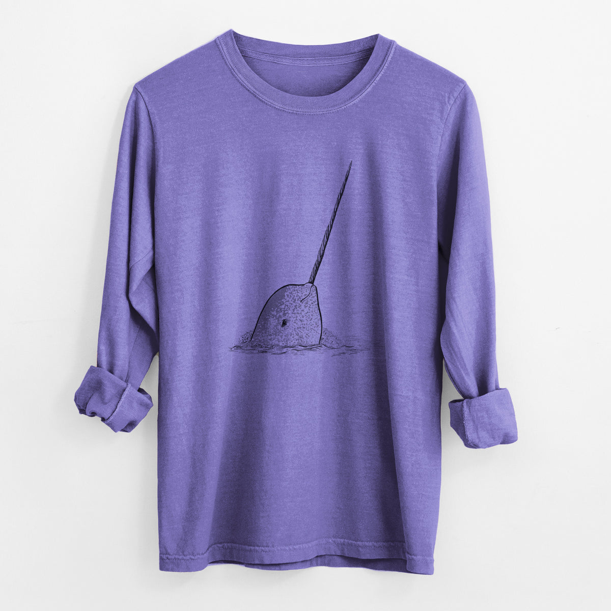 Violet purple Comfort Colors long sleeve shirt laid flat with the cuffs rolled, printed with a black ink illustration of a narwhal with its long spiral tusk pointing upward.