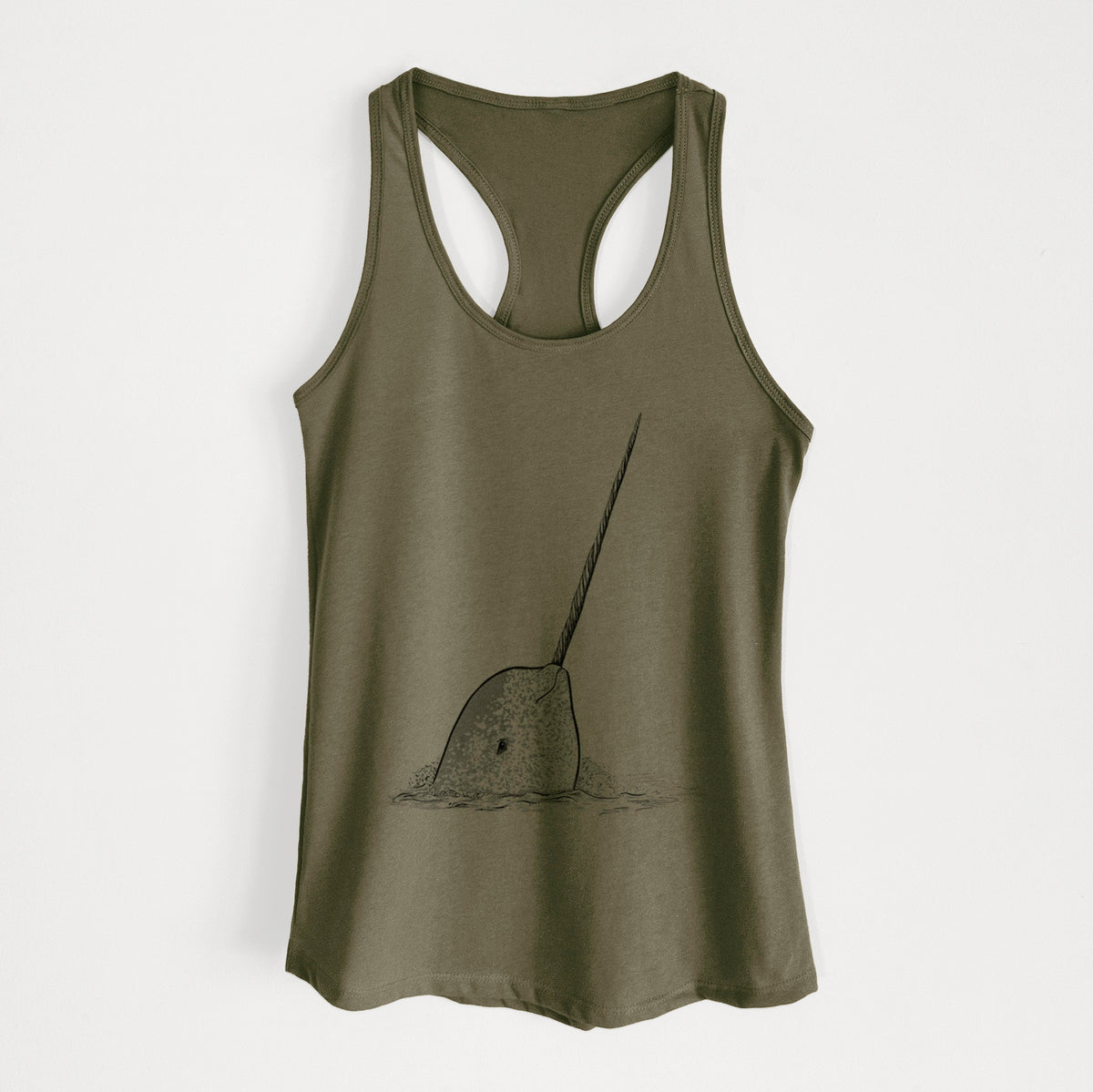 Military green women's racerback tank top laid flat, printed with a black ink illustration of a narwhal with its long spiral tusk pointing upward.