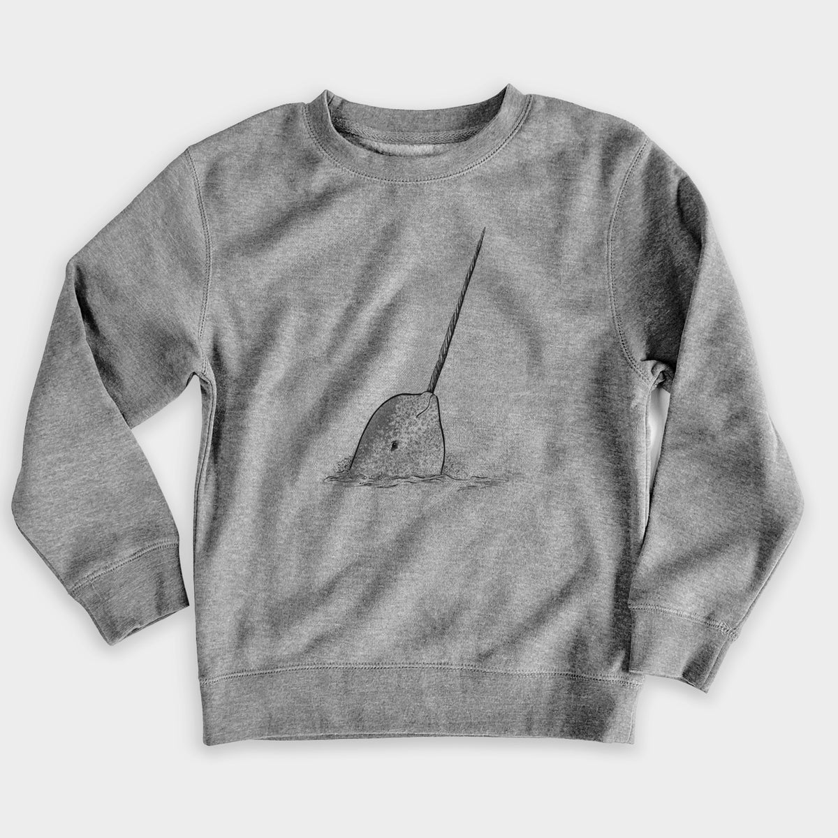 Nickel grey youth crewneck sweatshirt laid flat, printed with a black ink illustration of a narwhal with its long spiral tusk pointing upward.