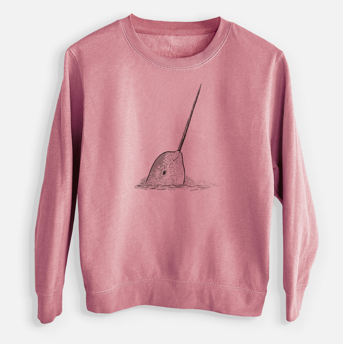 Mauve pink youth crewneck sweatshirt laid flat, printed with a black ink illustration of a narwhal with its long spiral tusk pointing upward.