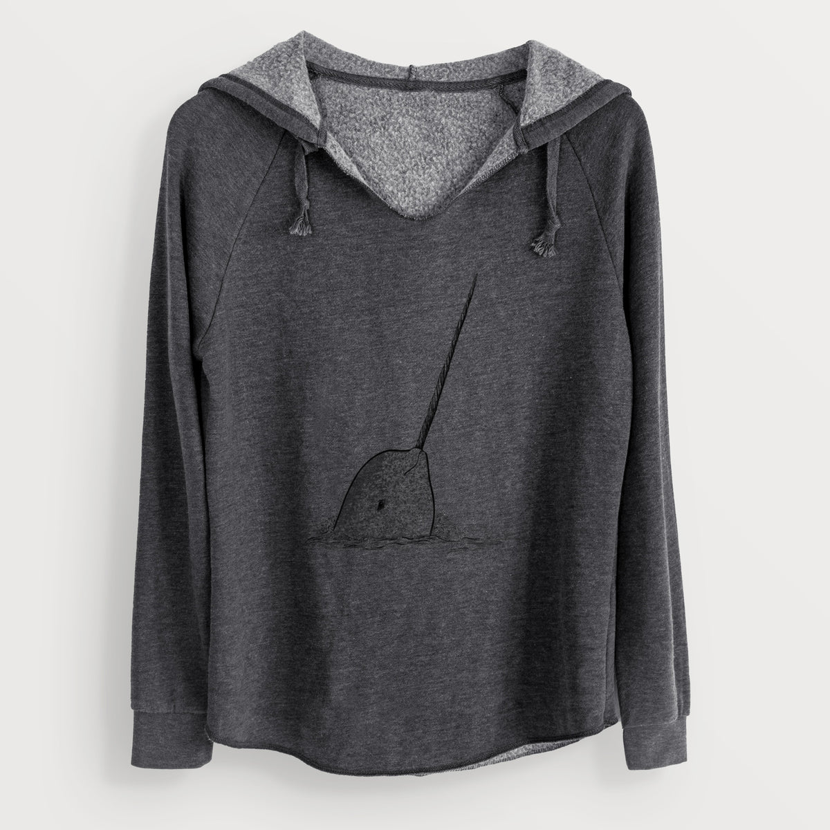 Charcoal grey women's Cali Wave hooded sweatshirt laid flat, printed with a black ink illustration of a narwhal with its long spiral tusk pointing upward.
