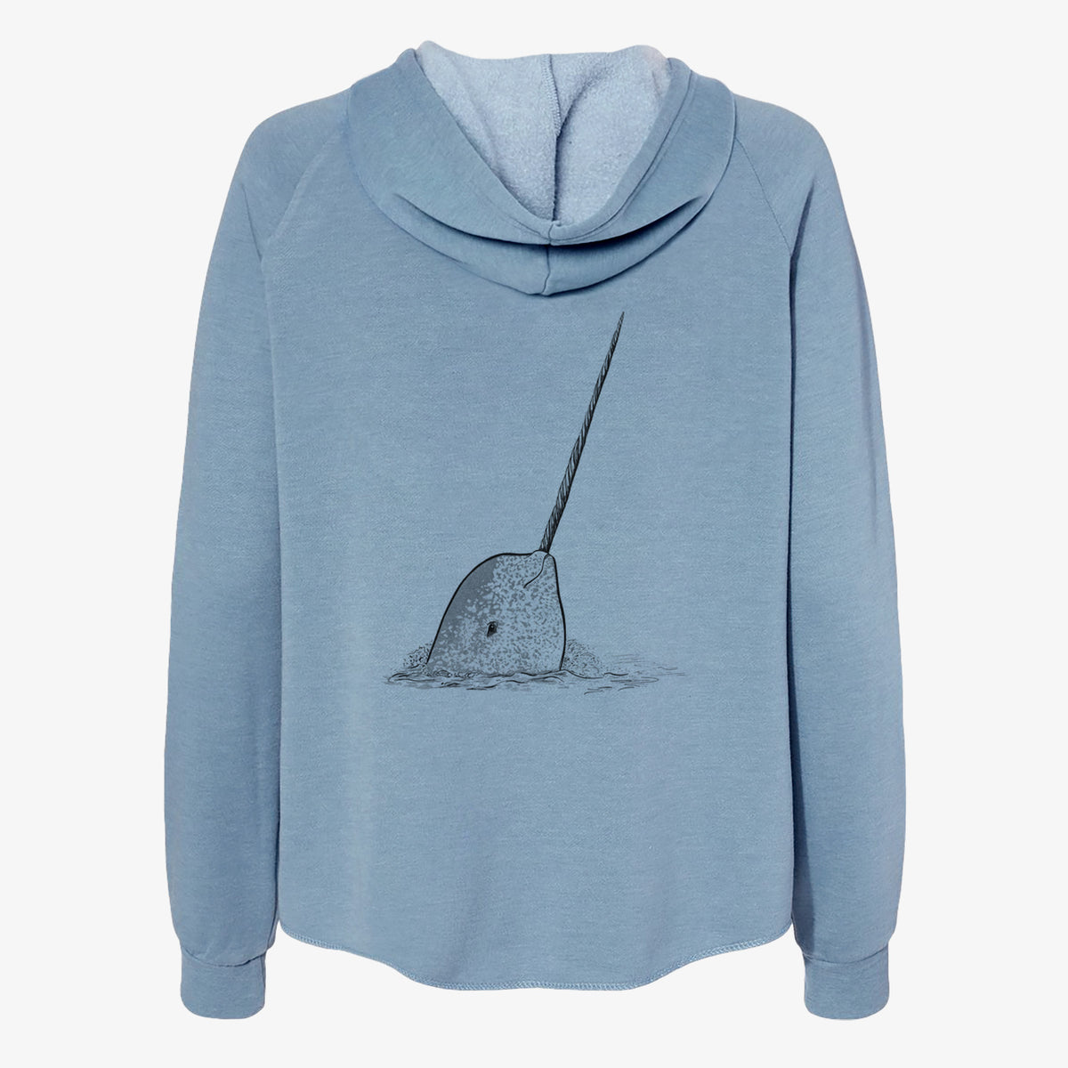 Misty blue women's Cali Wave zip-up sweatshirt laid flat, printed with a black ink illustration of a narwhal with its long spiral tusk pointing upward.