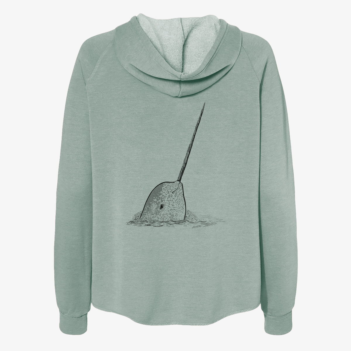 Sage green women's Cali Wave zip-up sweatshirt laid flat, printed with a black ink illustration of a narwhal with its long spiral tusk pointing upward.