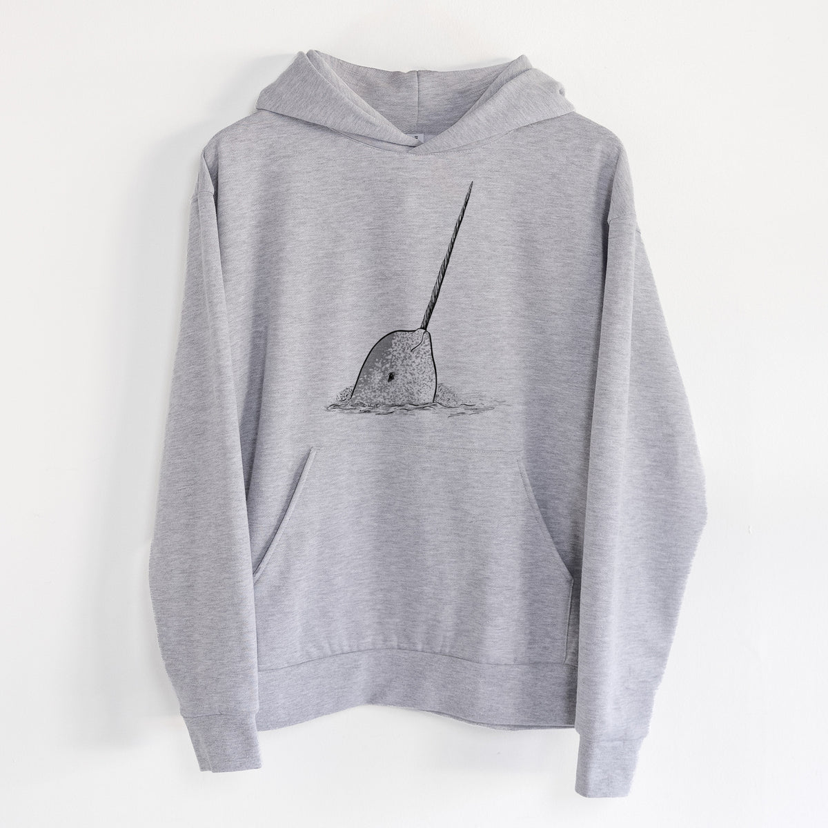Narwhal - Monodon monoceros - Statement Midweight Hoodie in Heather Grey, hanging on a white wall, with a front kangaroo pocket and no drawcords.
