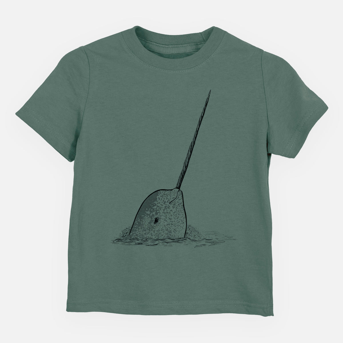 Basil green toddler t-shirt laid flat, printed with a black ink illustration of a narwhal with its long spiral tusk pointing upward.