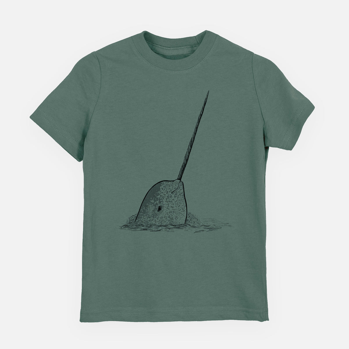 Basil green youth t-shirt laid flat, printed with a black ink illustration of a narwhal with its long spiral tusk pointing upward.
