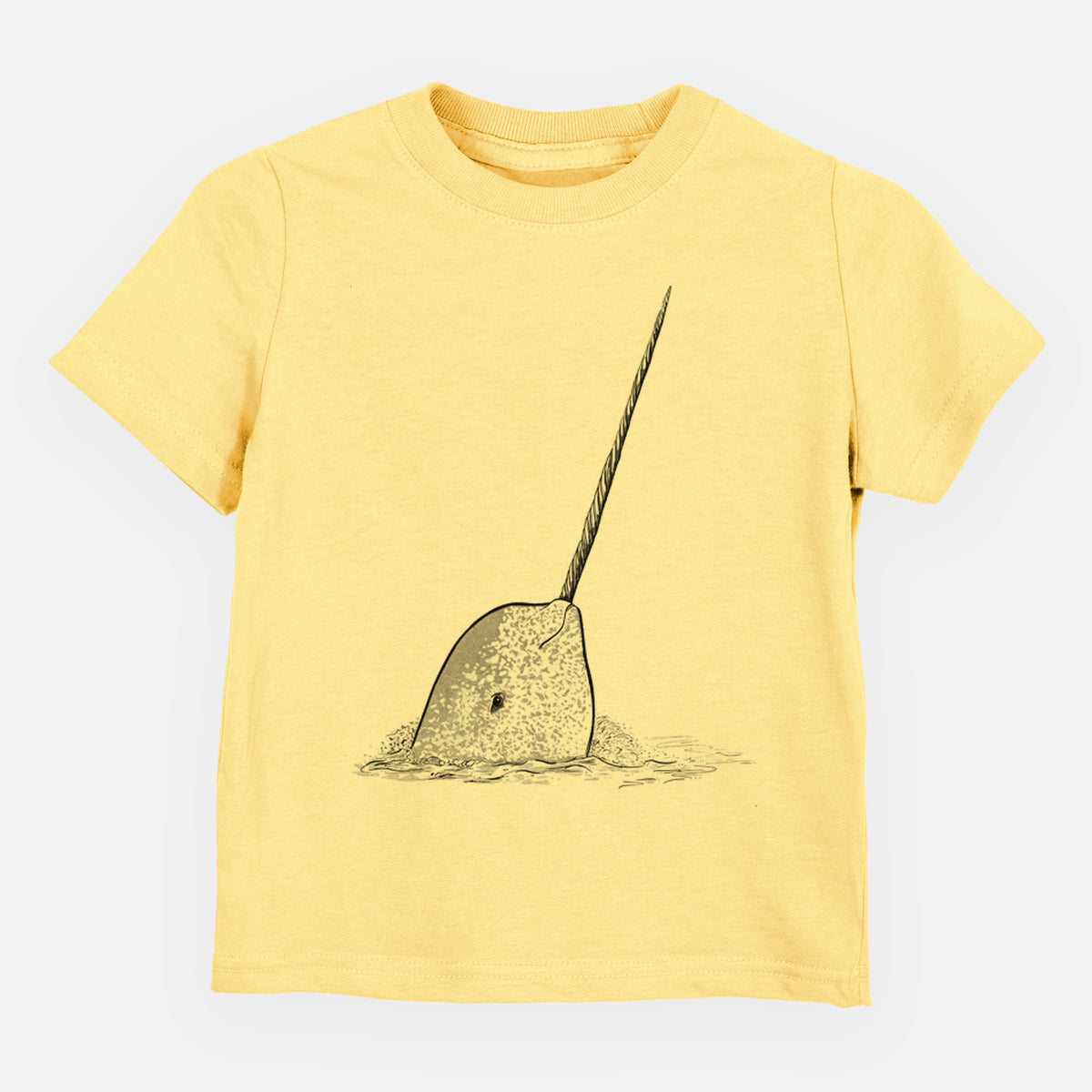 Butter yellow toddler t-shirt laid flat, printed with a black ink illustration of a narwhal with its long spiral tusk pointing upward.