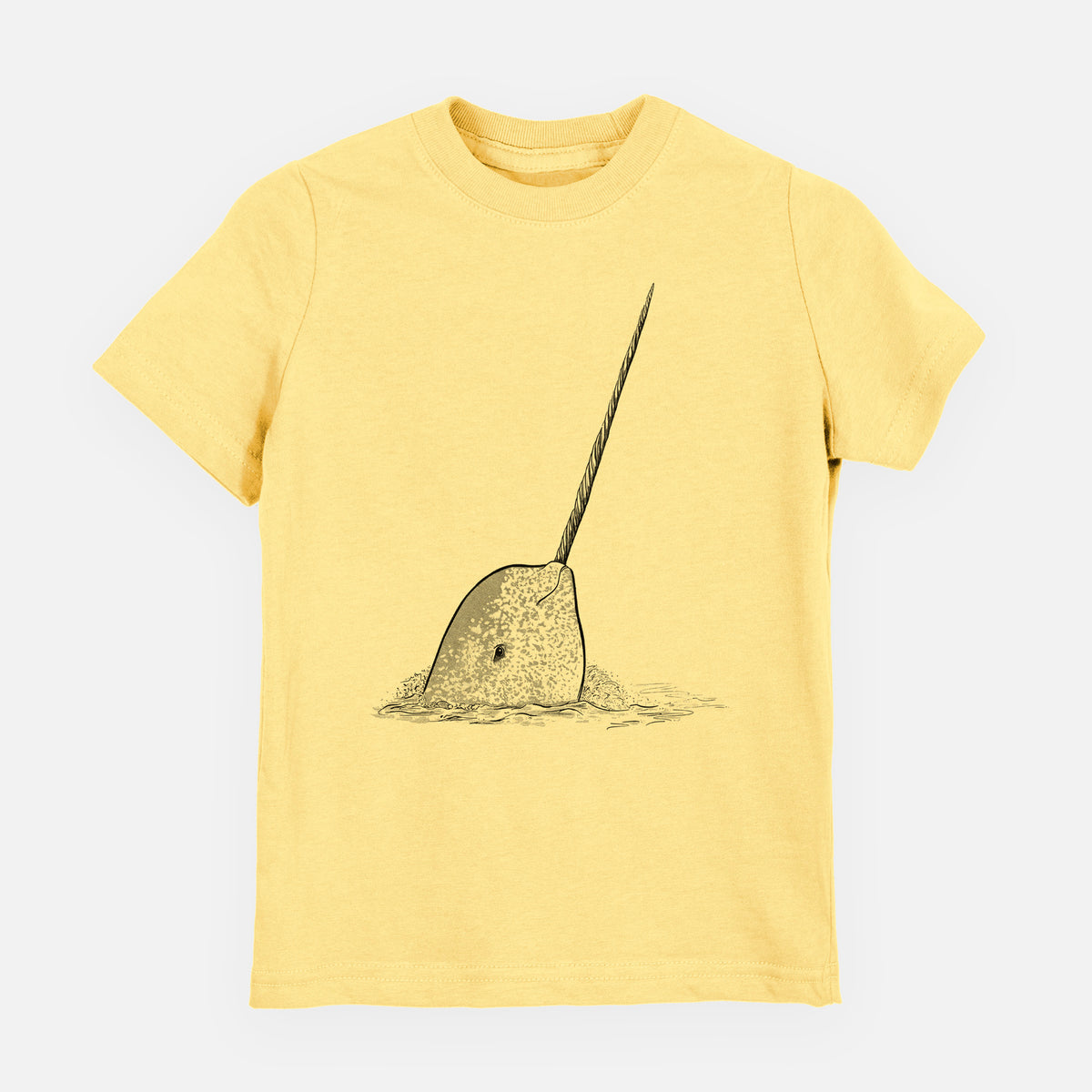 Butter yellow youth t-shirt laid flat, printed with a black ink illustration of a narwhal with its long spiral tusk pointing upward.