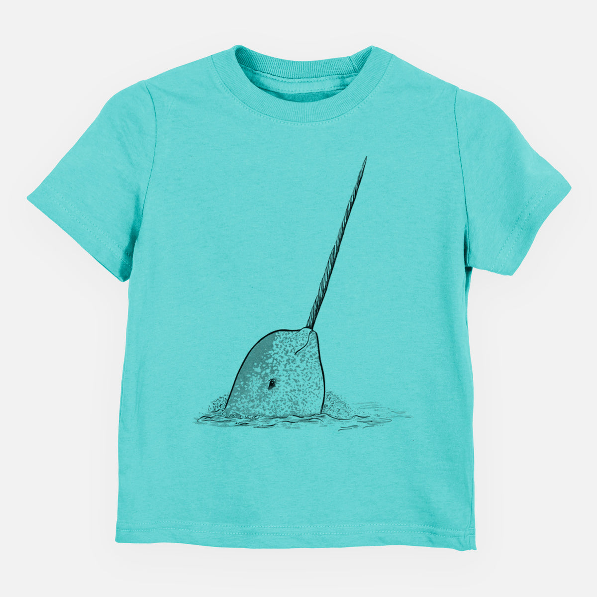 Caribbean blue toddler t-shirt laid flat, printed with a black ink illustration of a narwhal with its long spiral tusk pointing upward.