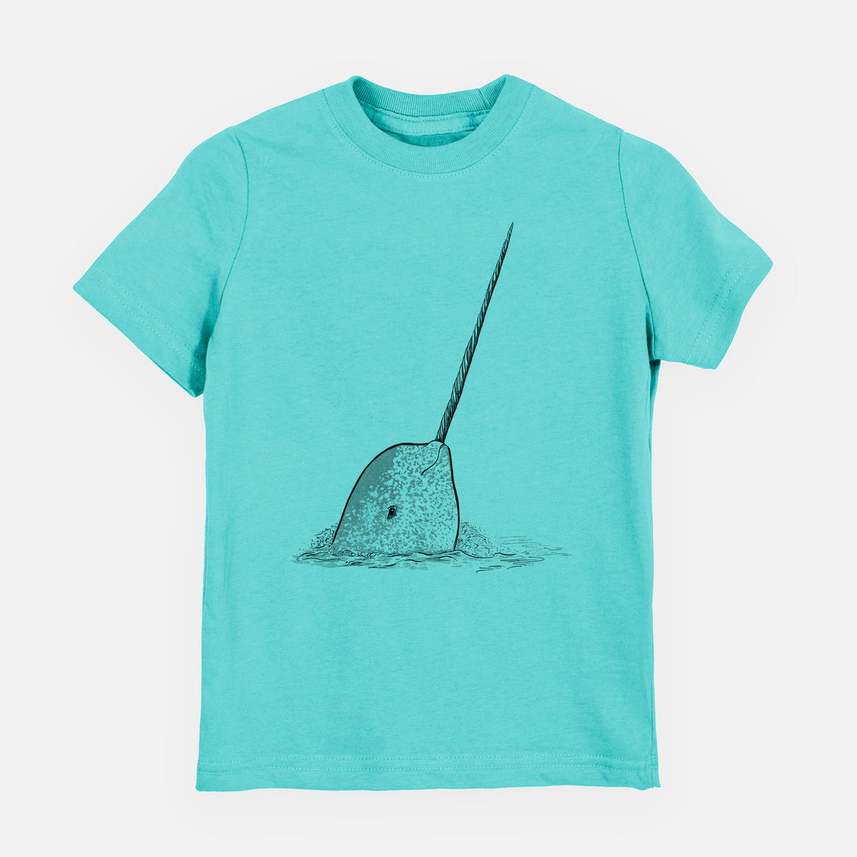 Caribbean blue youth t-shirt laid flat, printed with a black ink illustration of a narwhal with its long spiral tusk pointing upward.