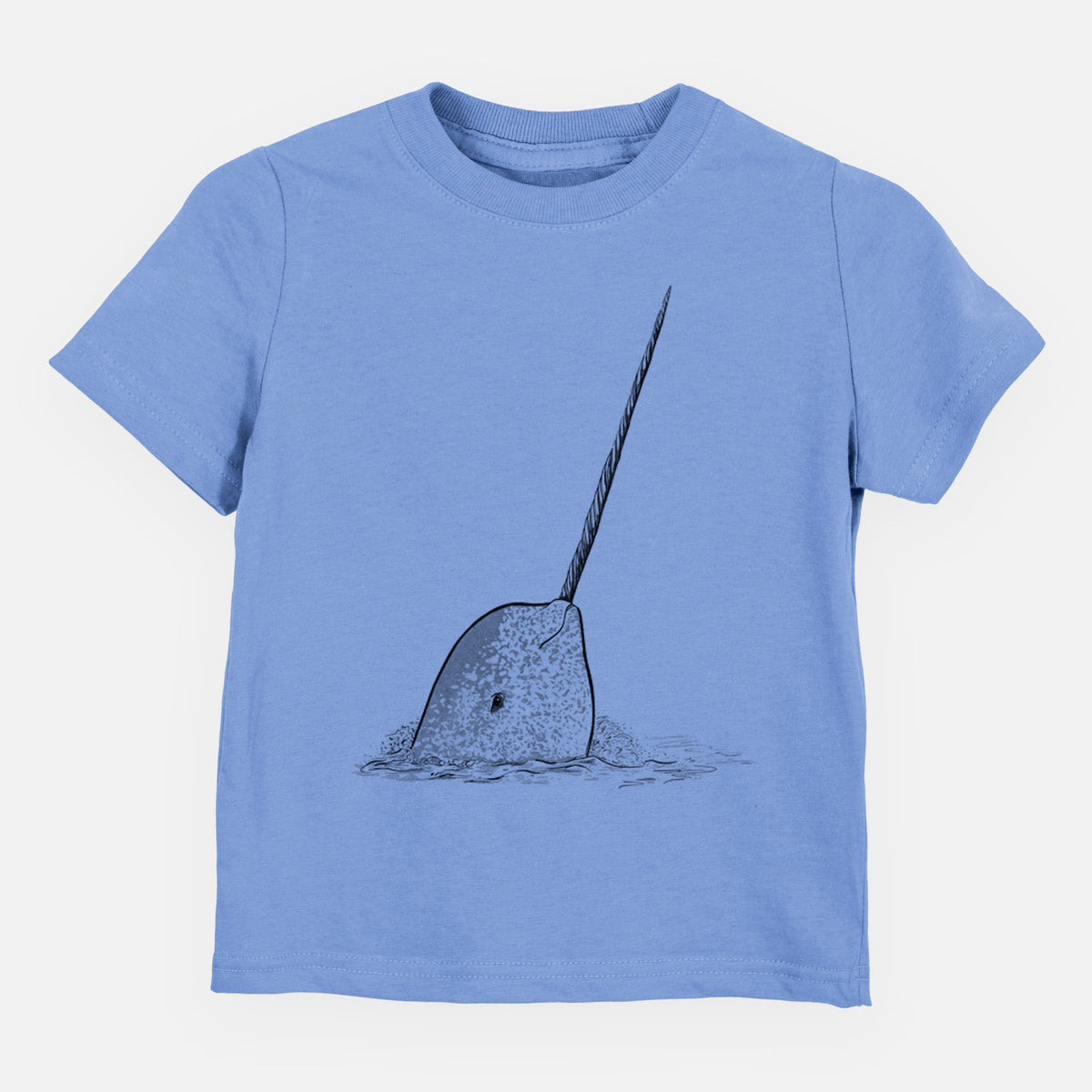 Carolina blue toddler t-shirt laid flat, printed with a black ink illustration of a narwhal with its long spiral tusk pointing upward.