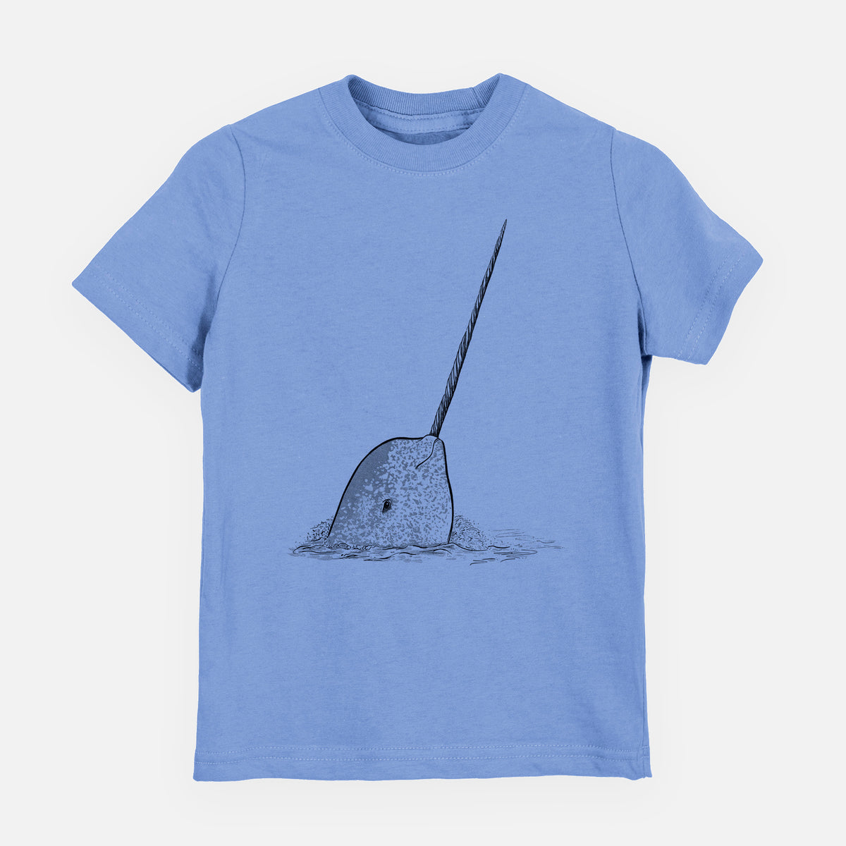 Carolina blue youth t-shirt laid flat, printed with a black ink illustration of a narwhal with its long spiral tusk pointing upward.