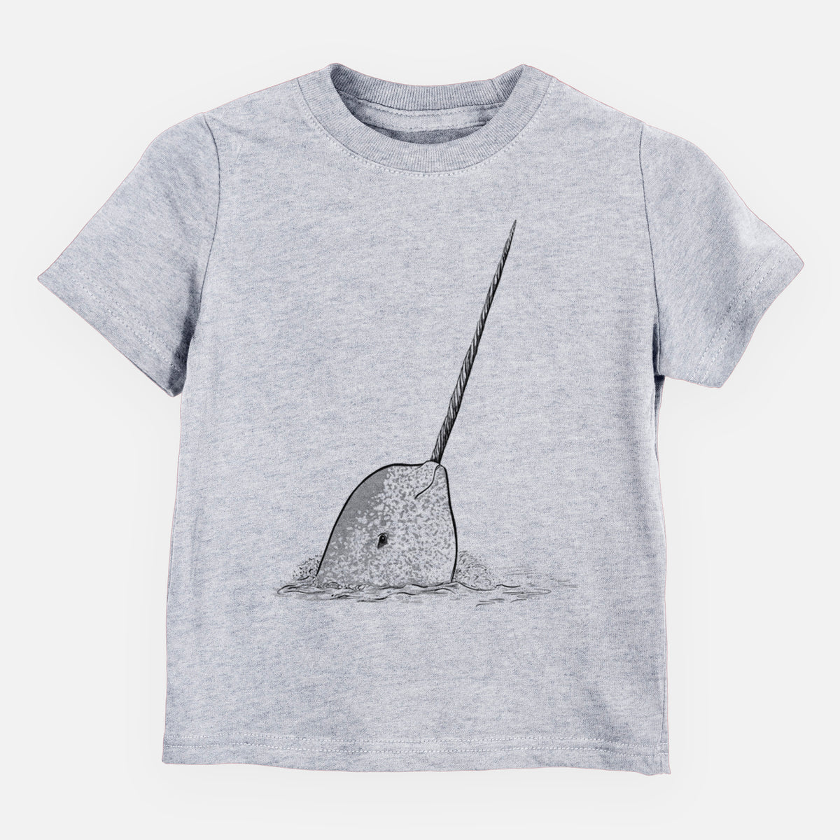 Heather grey toddler t-shirt laid flat, printed with a black ink illustration of a narwhal with its long spiral tusk pointing upward.