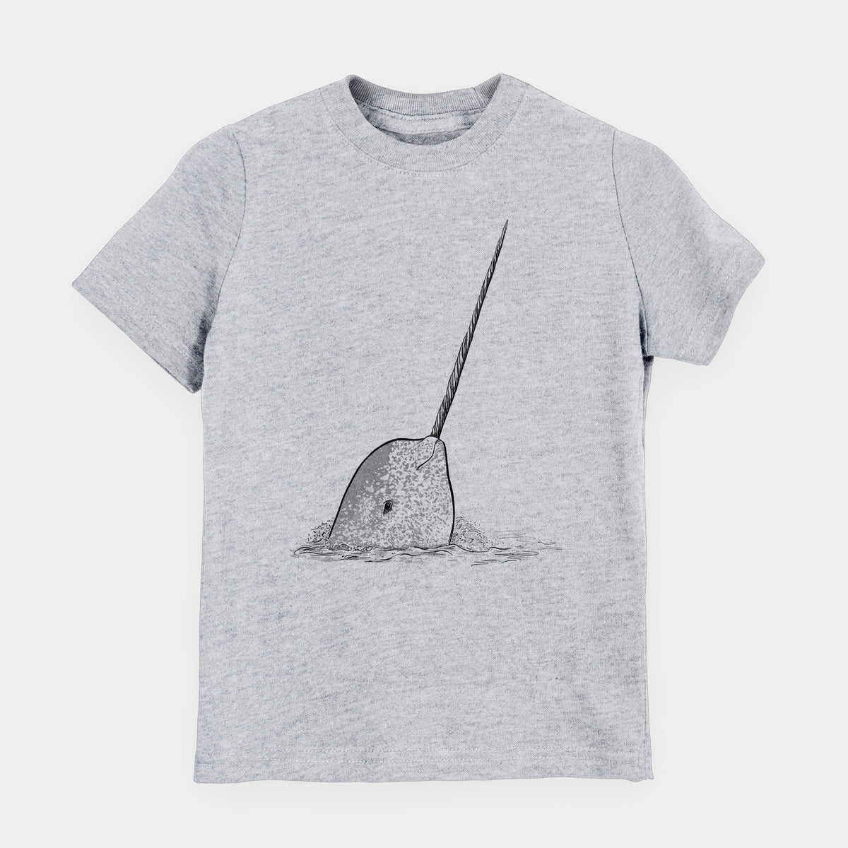 Heather grey youth t-shirt laid flat, printed with a black ink illustration of a narwhal with its long spiral tusk pointing upward.