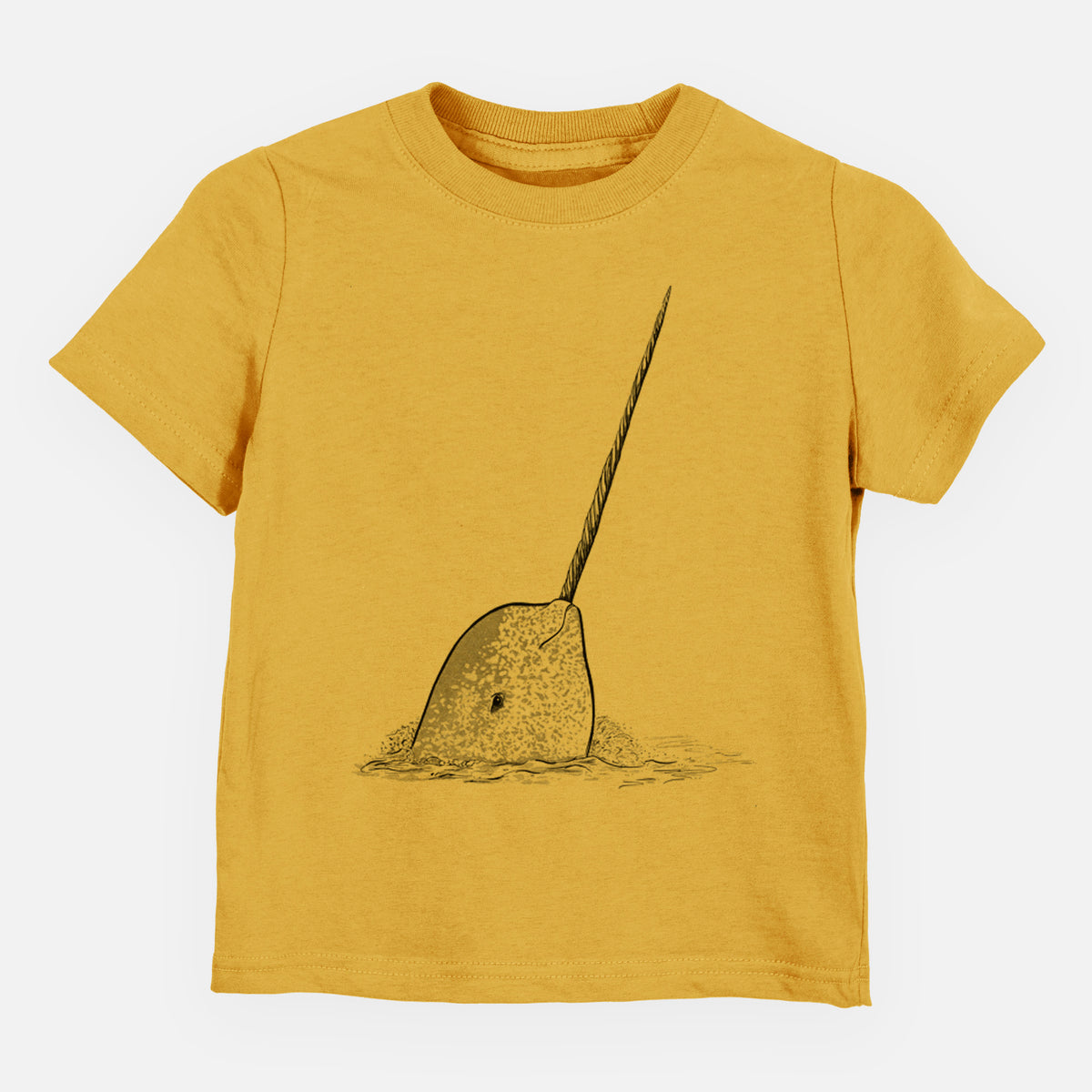 Honeycomb yellow toddler t-shirt laid flat, printed with a black ink illustration of a narwhal with its long spiral tusk pointing upward.