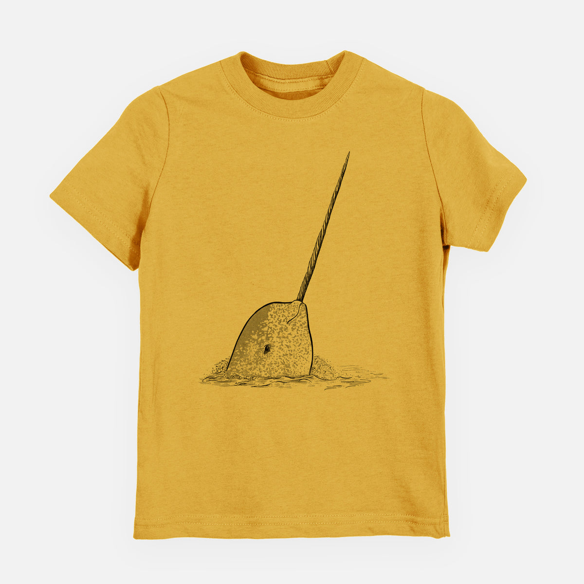 Honeycomb yellow youth t-shirt laid flat, printed with a black ink illustration of a narwhal with its long spiral tusk pointing upward.