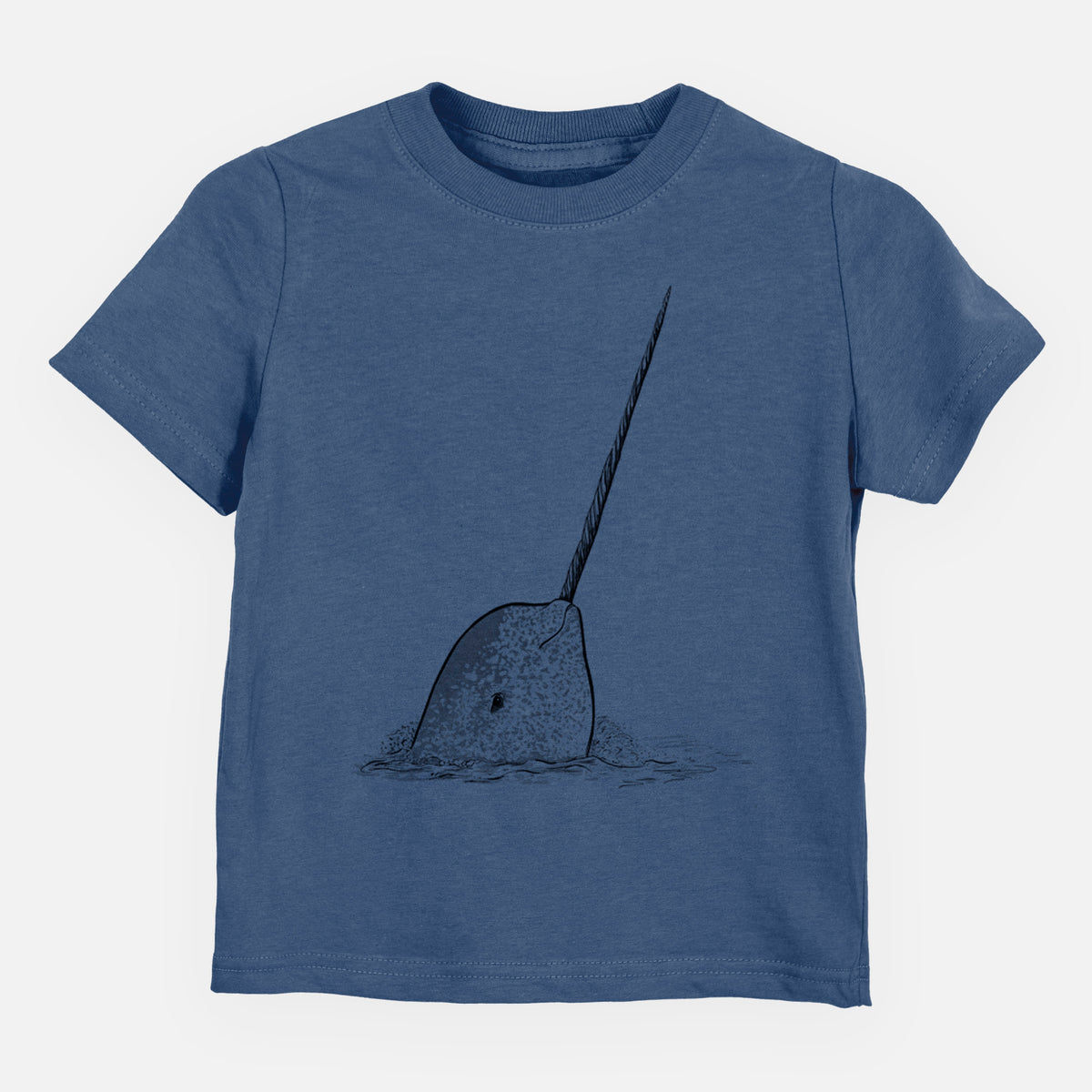 Indigo blue toddler t-shirt laid flat, printed with a black ink illustration of a narwhal with its long spiral tusk pointing upward.