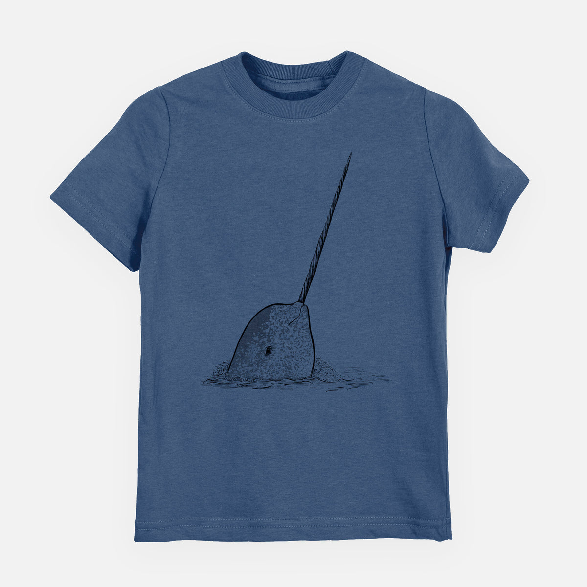Indigo blue youth t-shirt laid flat, printed with a black ink illustration of a narwhal with its long spiral tusk pointing upward.