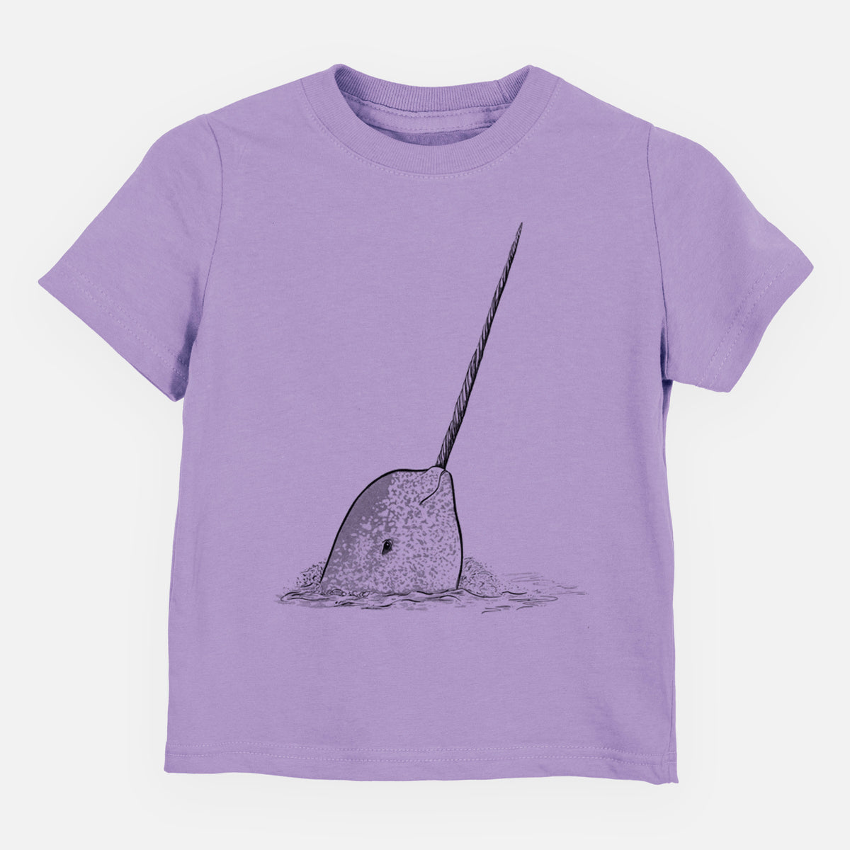 Lavender toddler t-shirt laid flat, printed with a black ink illustration of a narwhal with its long spiral tusk pointing upward.