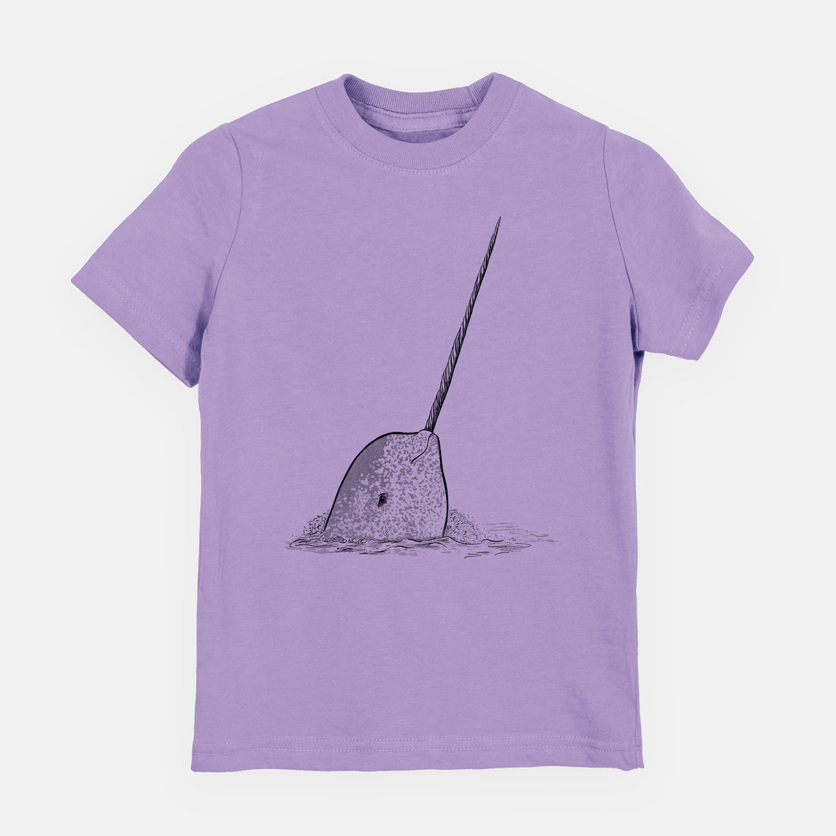 Lavender youth t-shirt laid flat, printed with a black ink illustration of a narwhal with its long spiral tusk pointing upward.