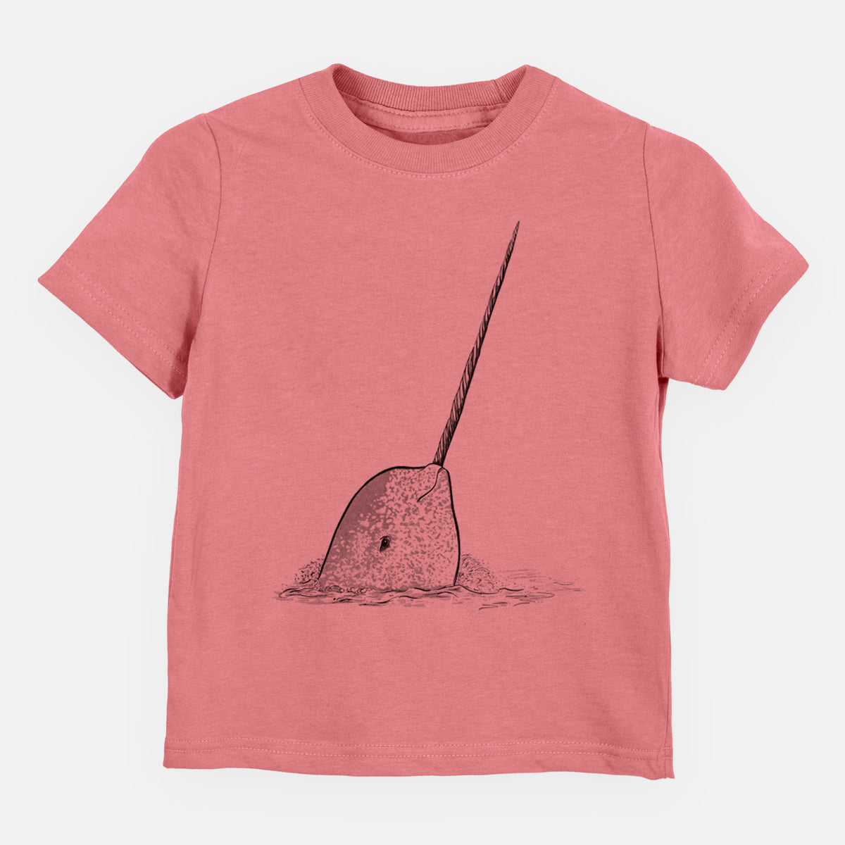 Mauve pink toddler t-shirt laid flat, printed with a black ink illustration of a narwhal with its long spiral tusk pointing upward.