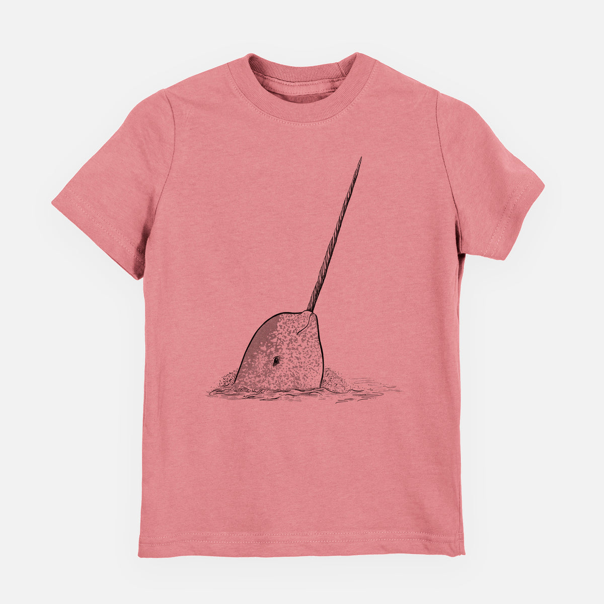 Mauve pink youth t-shirt laid flat, printed with a black ink illustration of a narwhal with its long spiral tusk pointing upward.