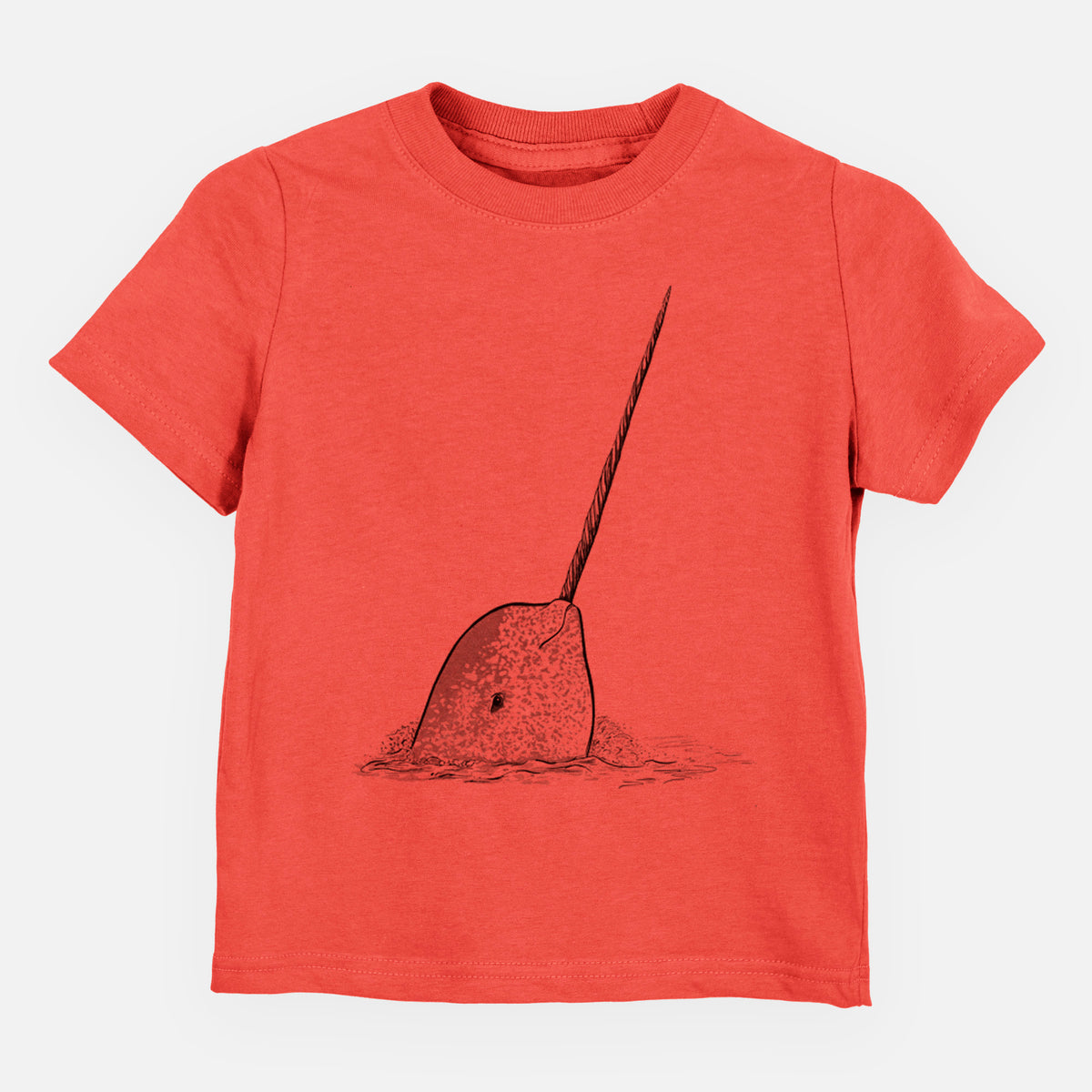 Passionfruit pink toddler t-shirt laid flat, printed with a black ink illustration of a narwhal with its long spiral tusk pointing upward.