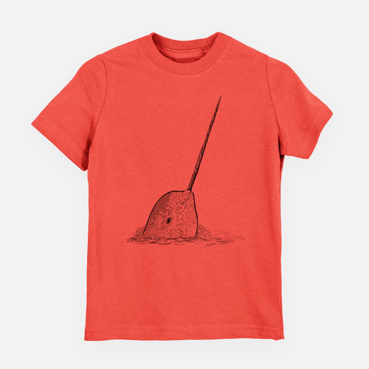 Passionfruit pink youth t-shirt laid flat, printed with a black ink illustration of a narwhal with its long spiral tusk pointing upward.