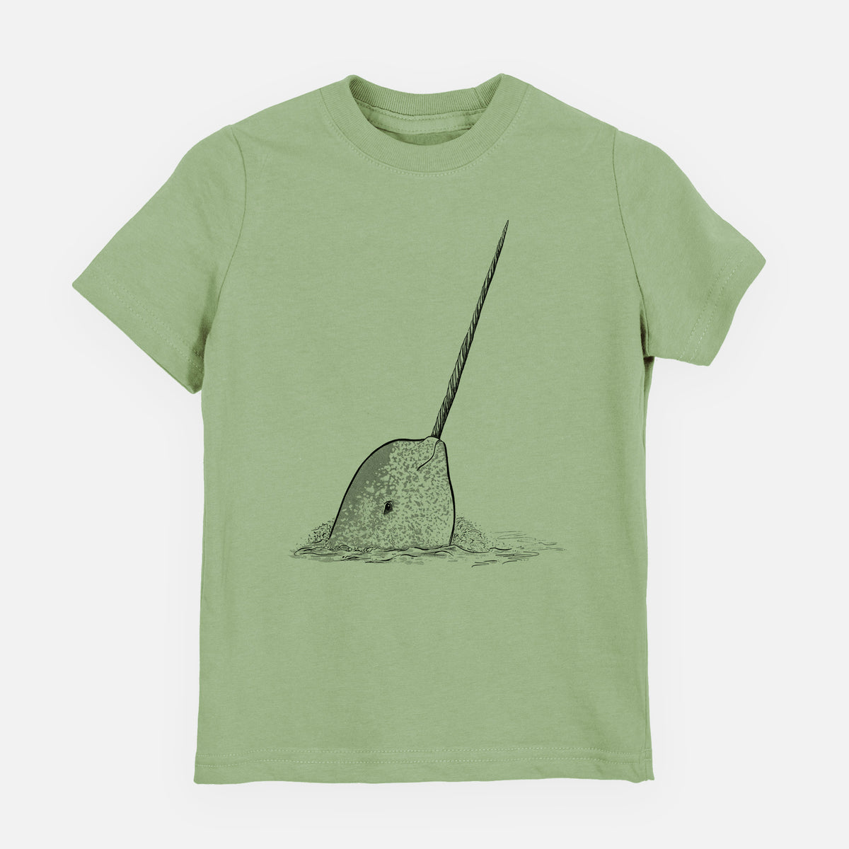 Sage green youth t-shirt laid flat, printed with a black ink illustration of a narwhal with its long spiral tusk pointing upward.