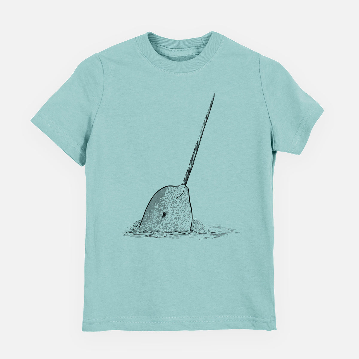 Saltwater youth t-shirt laid flat, printed with a black ink illustration of a narwhal with its long spiral tusk pointing upward.