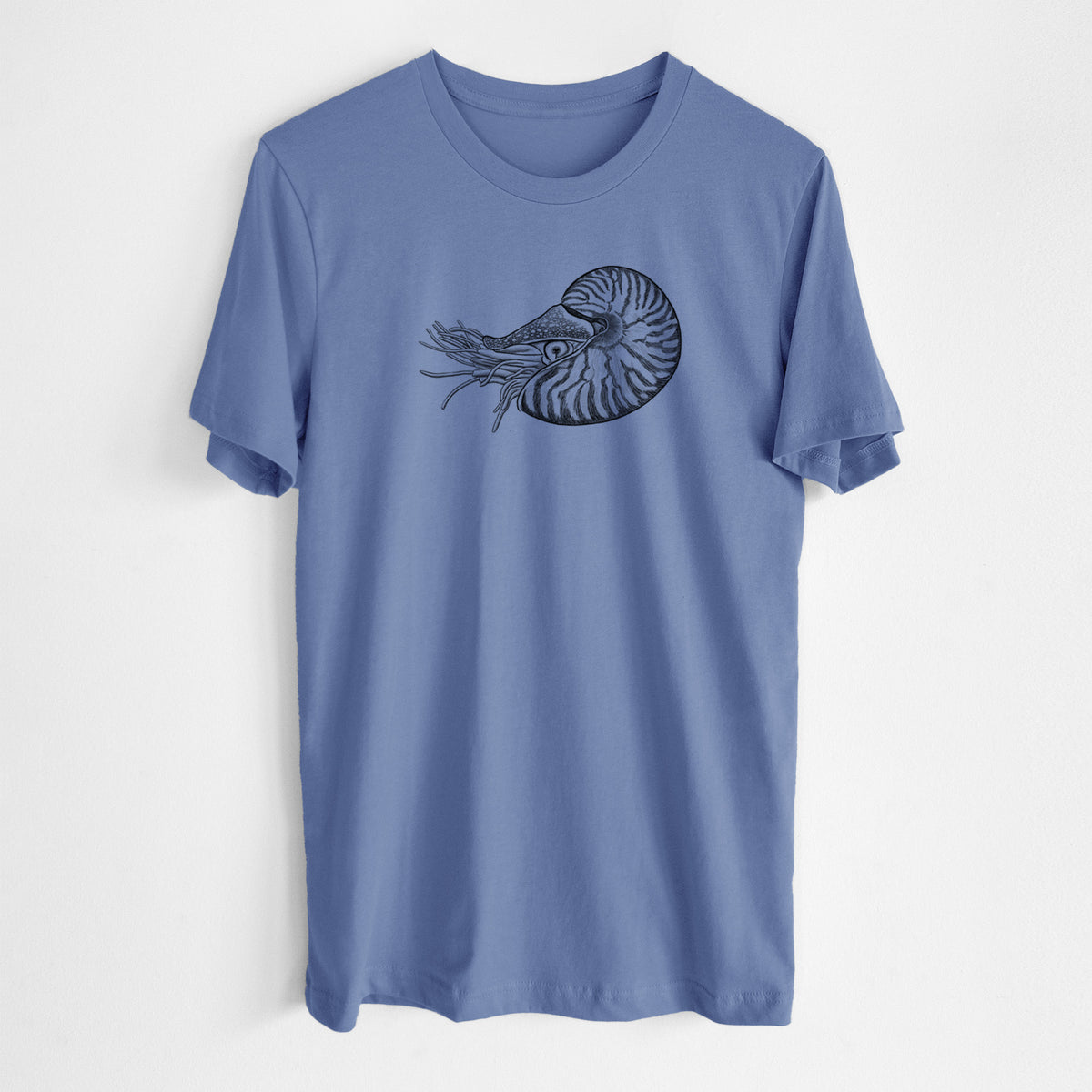 Blue bell lightweight cotton t-shirt laid flat, printed with a detailed black ink illustration of a chambered nautilus with its striped spiral shell and tentacles.