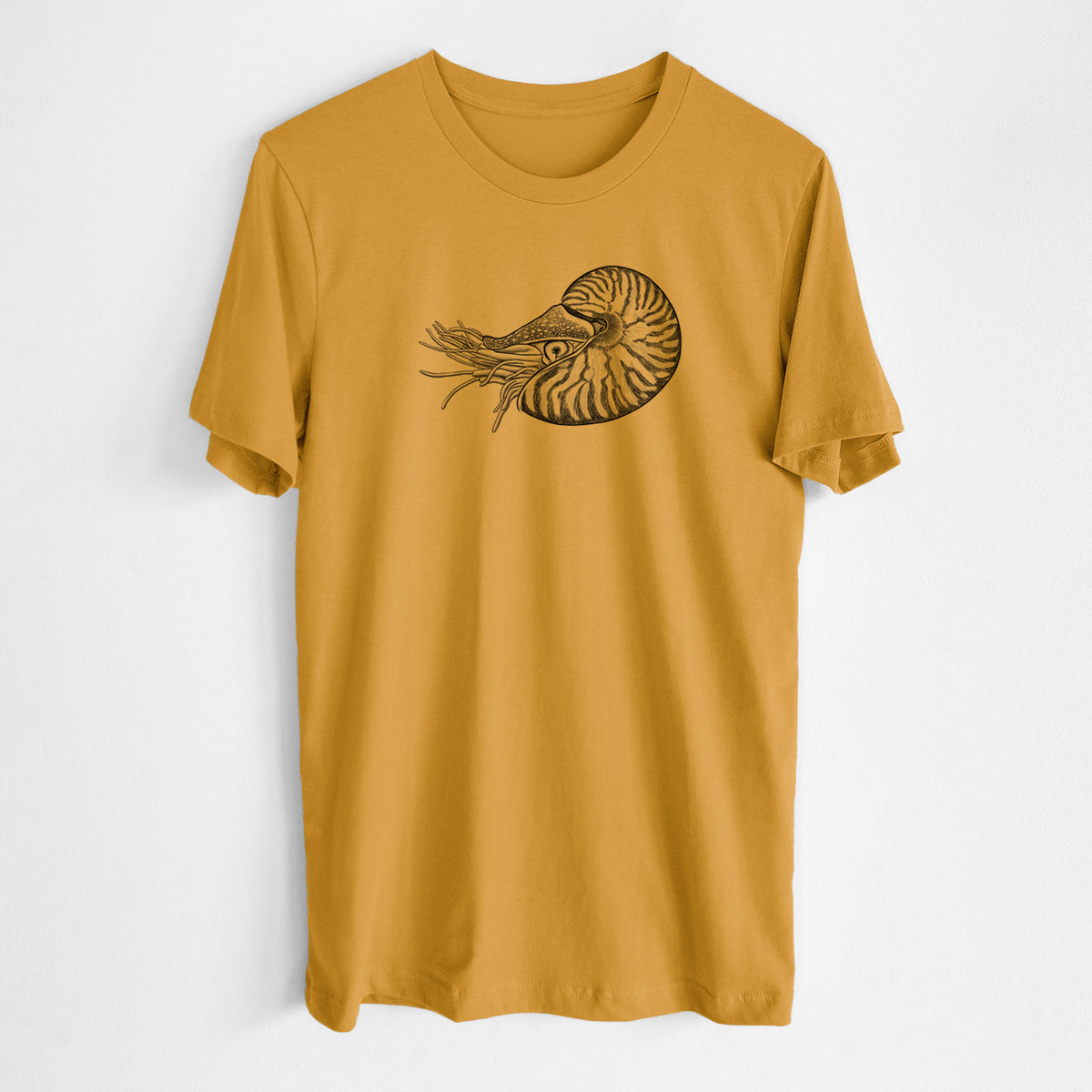Honeycomb yellow lightweight cotton t-shirt laid flat, printed with a detailed black ink illustration of a chambered nautilus with its striped spiral shell and tentacles.