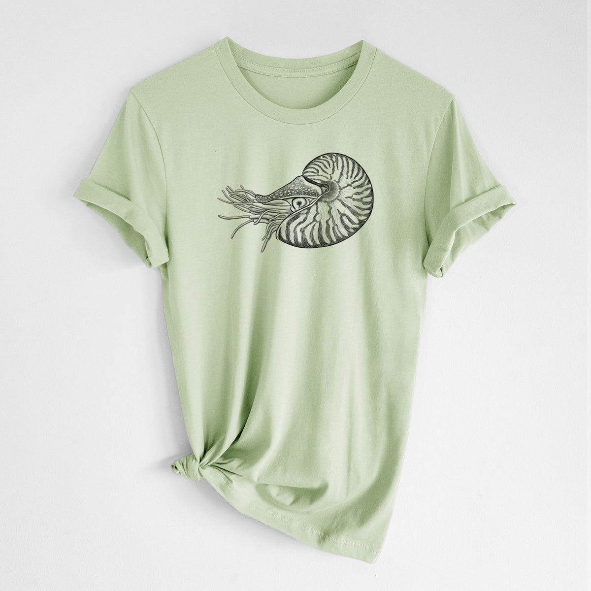 Spring green lightweight cotton t-shirt laid flat with the sleeves rolled, printed with a detailed black ink illustration of a chambered nautilus with its striped spiral shell and tentacles.