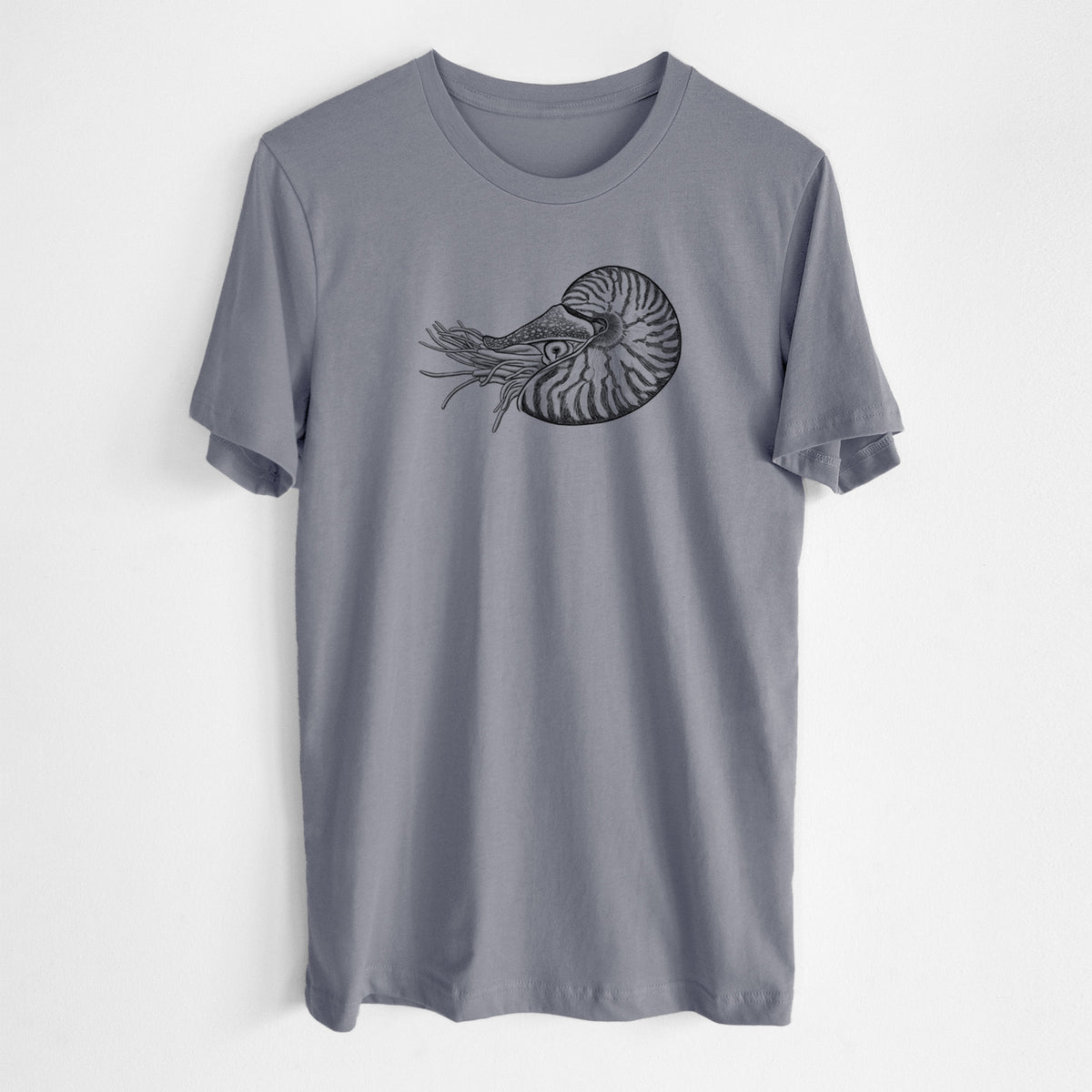 Storm grey lightweight cotton t-shirt laid flat, printed with a detailed black ink illustration of a chambered nautilus with its striped spiral shell and tentacles.