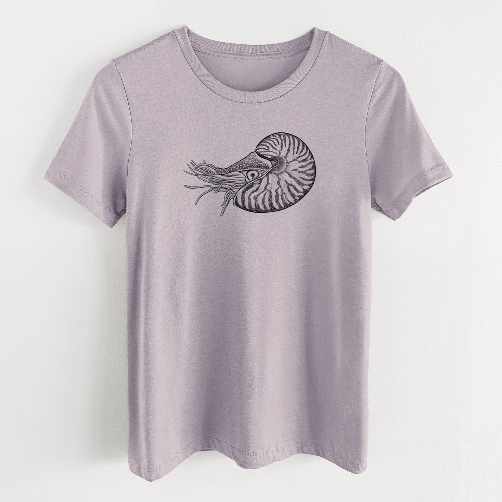 Light violet women's relaxed fit cotton t-shirt laid flat, printed with a detailed black ink illustration of a chambered nautilus with its striped spiral shell and tentacles.