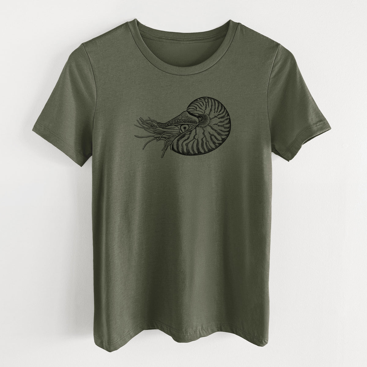 Military green women's relaxed fit cotton t-shirt laid flat, printed with a detailed black ink illustration of a chambered nautilus with its striped spiral shell and tentacles.