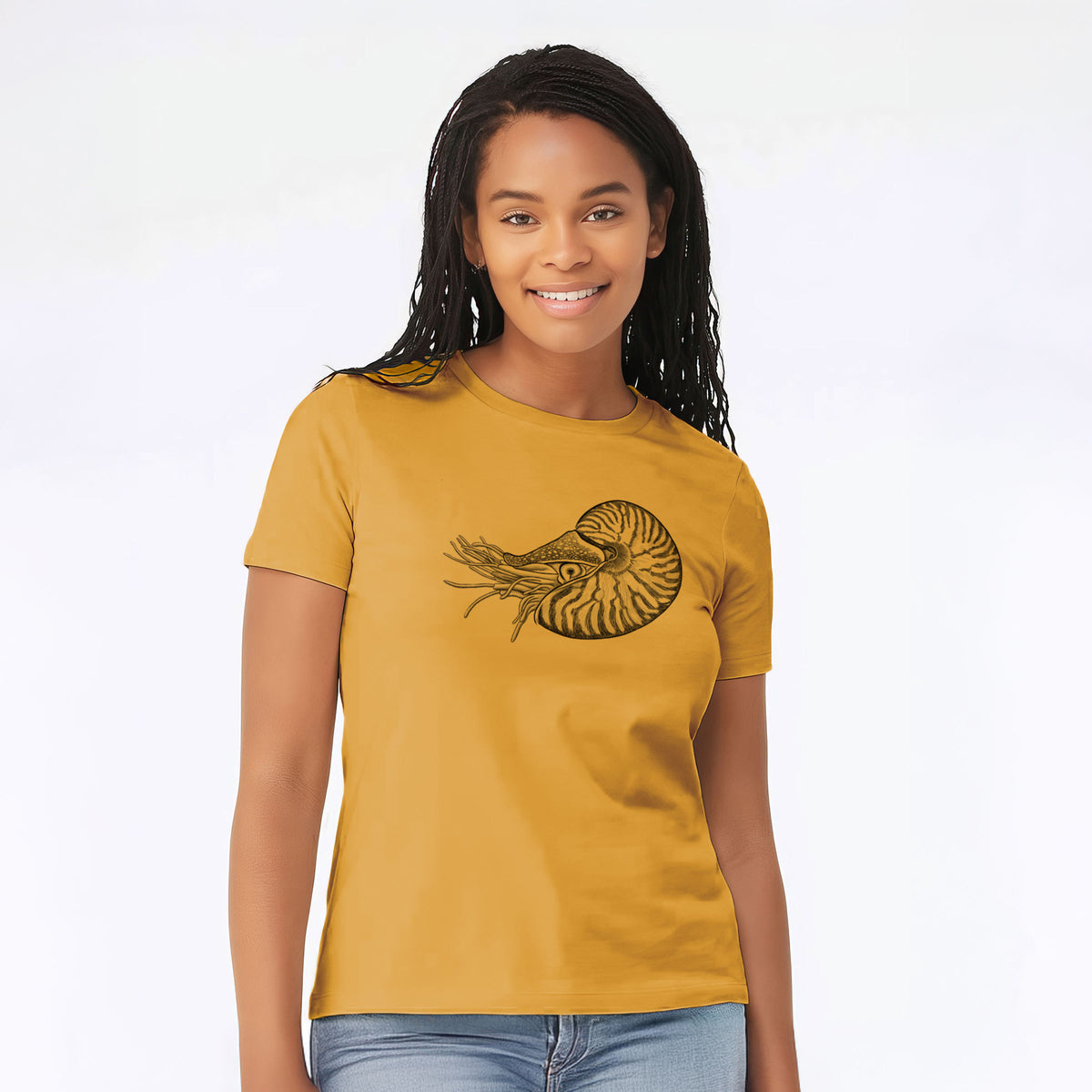 Woman wearing a mustard yellow women's relaxed fit cotton t-shirt printed with a detailed black ink illustration of a chambered nautilus with its striped spiral shell and tentacles.