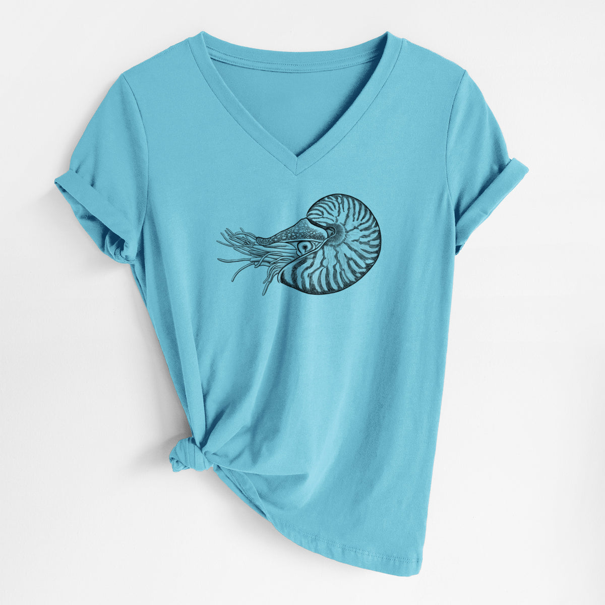 Turquoise women's relaxed fit cotton V-neck t-shirt laid flat, printed with a detailed black ink illustration of a chambered nautilus with its striped spiral shell and tentacles.