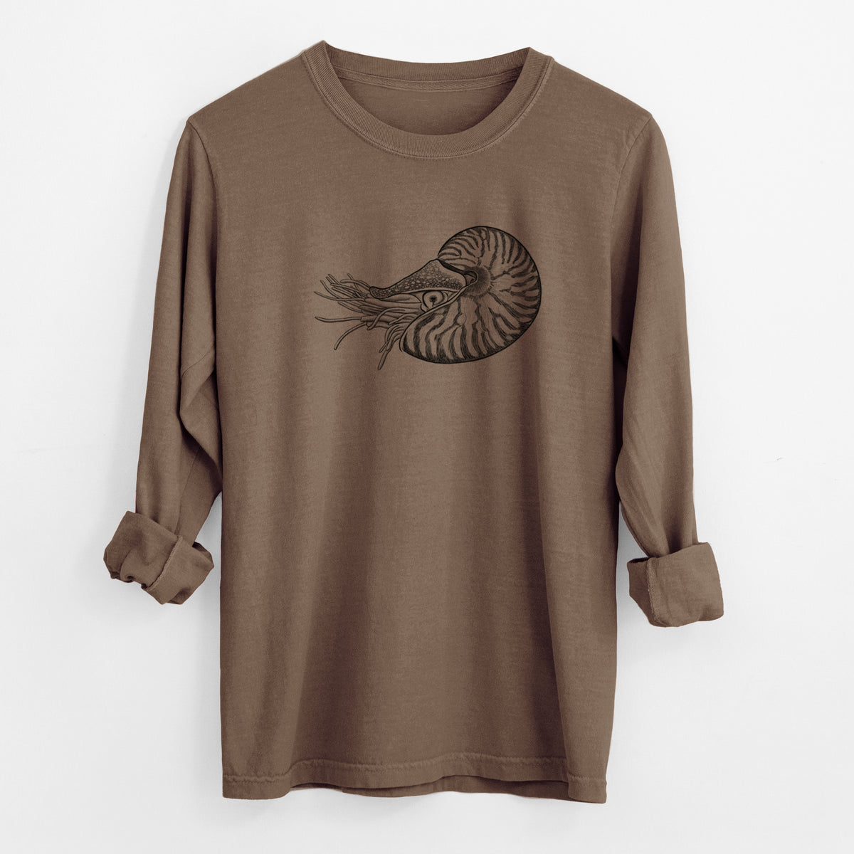 Espresso brown Comfort Colors long sleeve shirt laid flat with the cuffs rolled, printed with a detailed black ink illustration of a chambered nautilus with its striped spiral shell and tentacles.