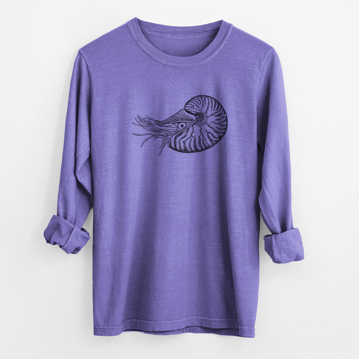 Violet purple Comfort Colors long sleeve shirt laid flat with the cuffs rolled, printed with a detailed black ink illustration of a chambered nautilus with its striped spiral shell and tentacles.