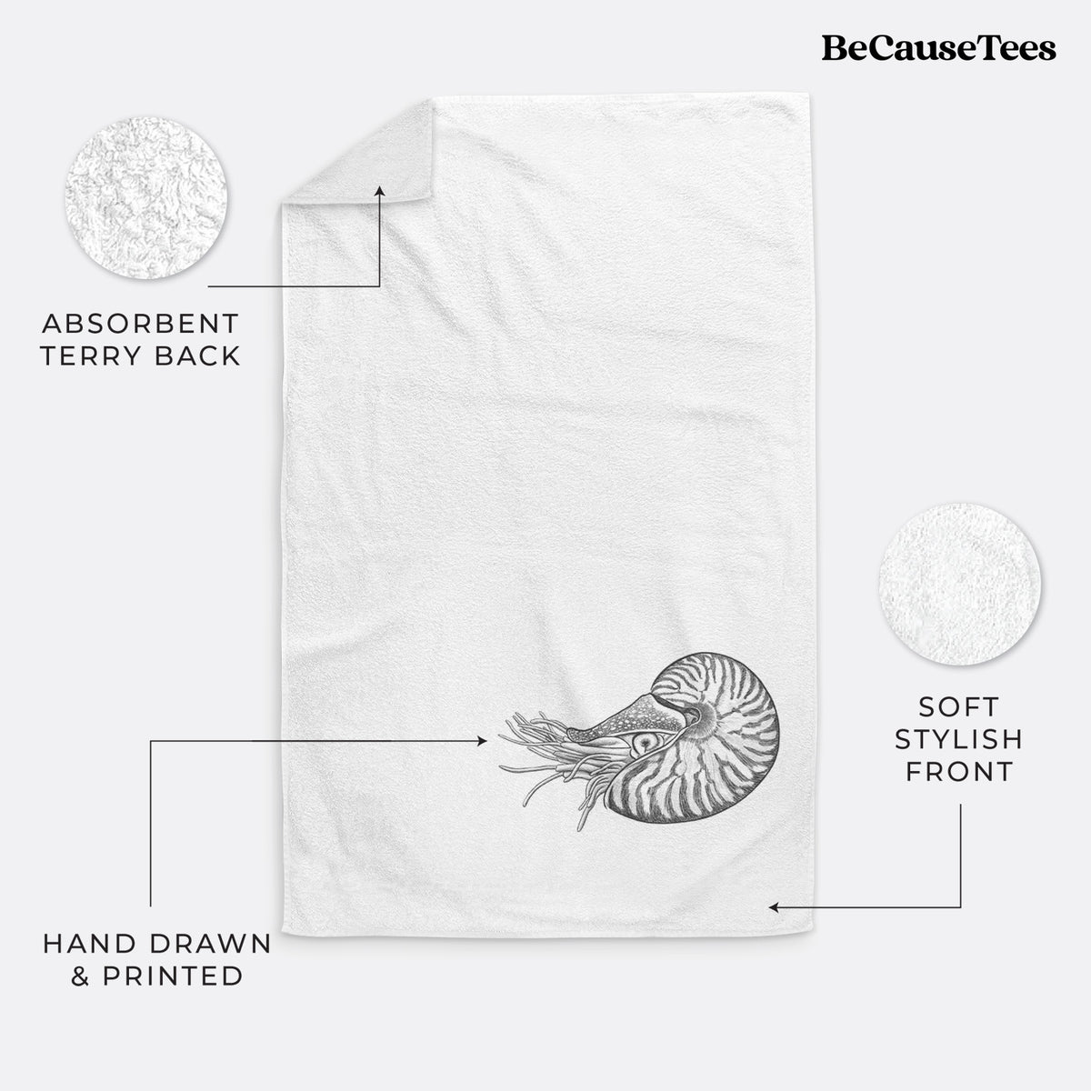 White hand towel printed with a detailed black ink illustration of a chambered nautilus with its striped spiral shell and tentacles.