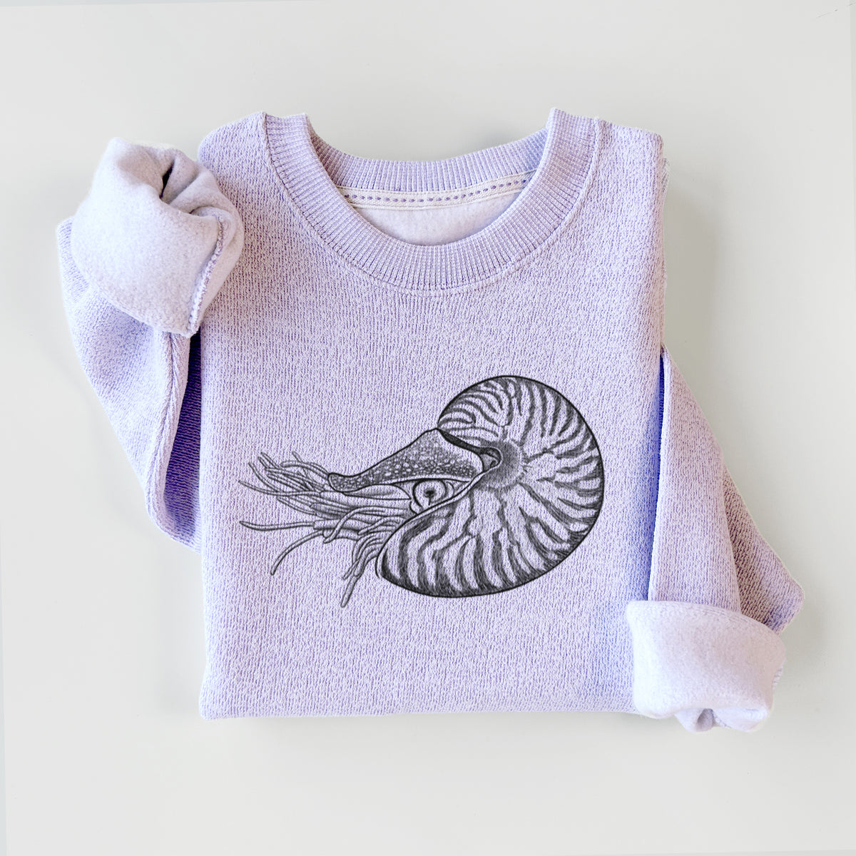Ice purple knit sweatshirt printed with a detailed black ink illustration of a chambered nautilus with its striped spiral shell and tentacles, styled flat.
