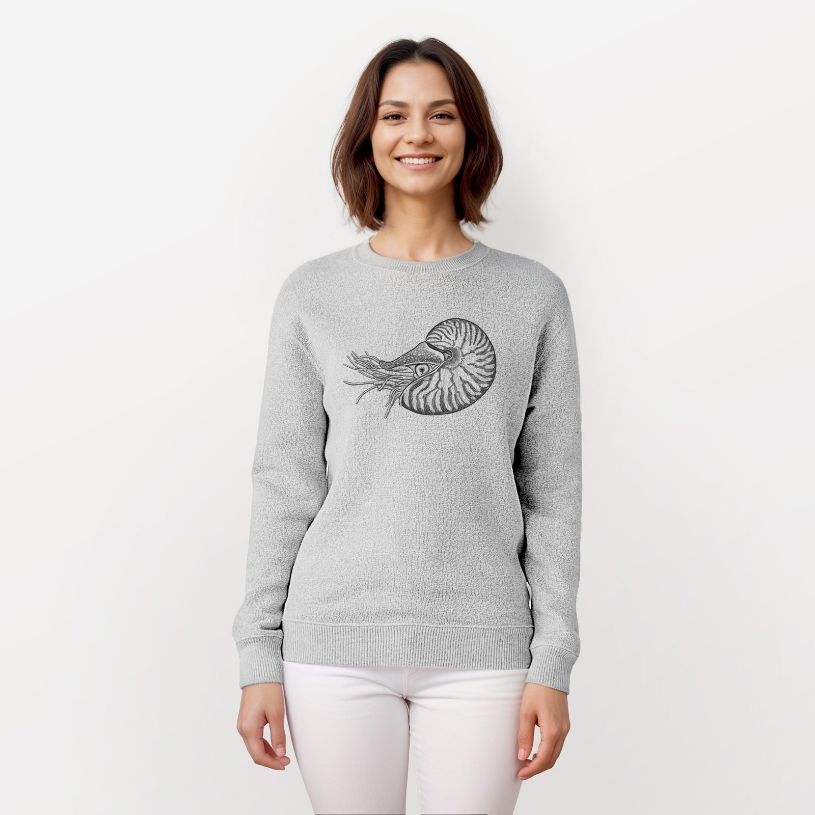 Salt and pepper knit sweatshirt laid flat, printed with a detailed black ink illustration of a chambered nautilus with its striped spiral shell and tentacles.