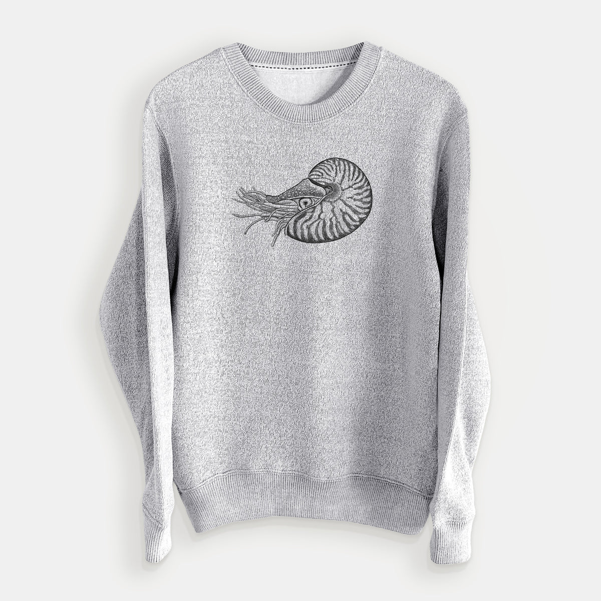 Salt and pepper knit sweatshirt laid flat, printed with a detailed black ink illustration of a chambered nautilus with its striped spiral shell and tentacles.