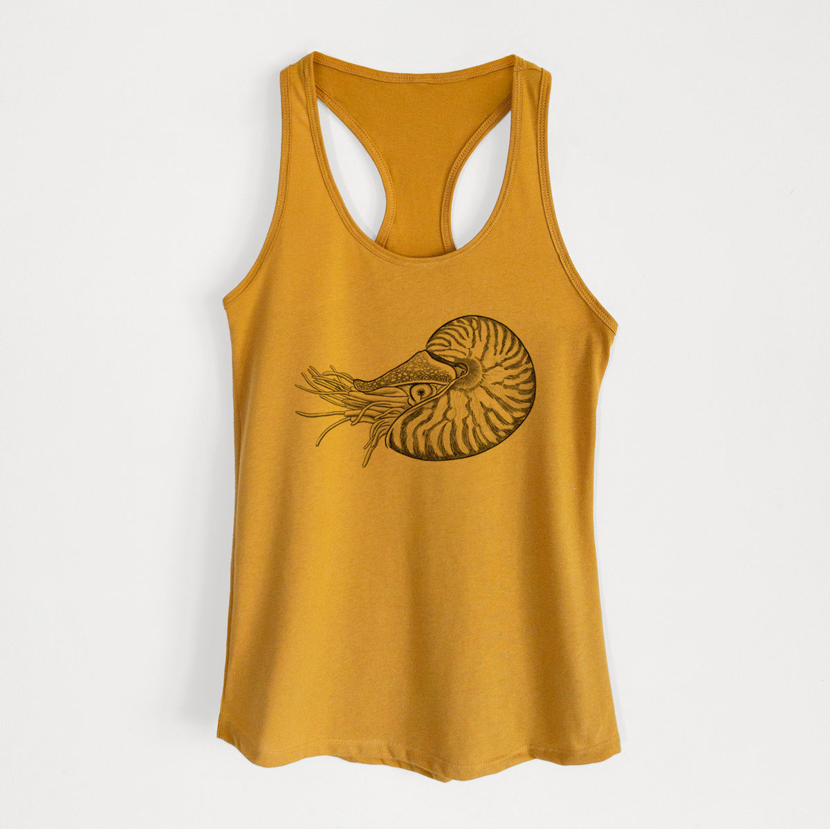 Gold women's racerback tank top laid flat, printed with a detailed black ink illustration of a chambered nautilus with its striped spiral shell and tentacles.