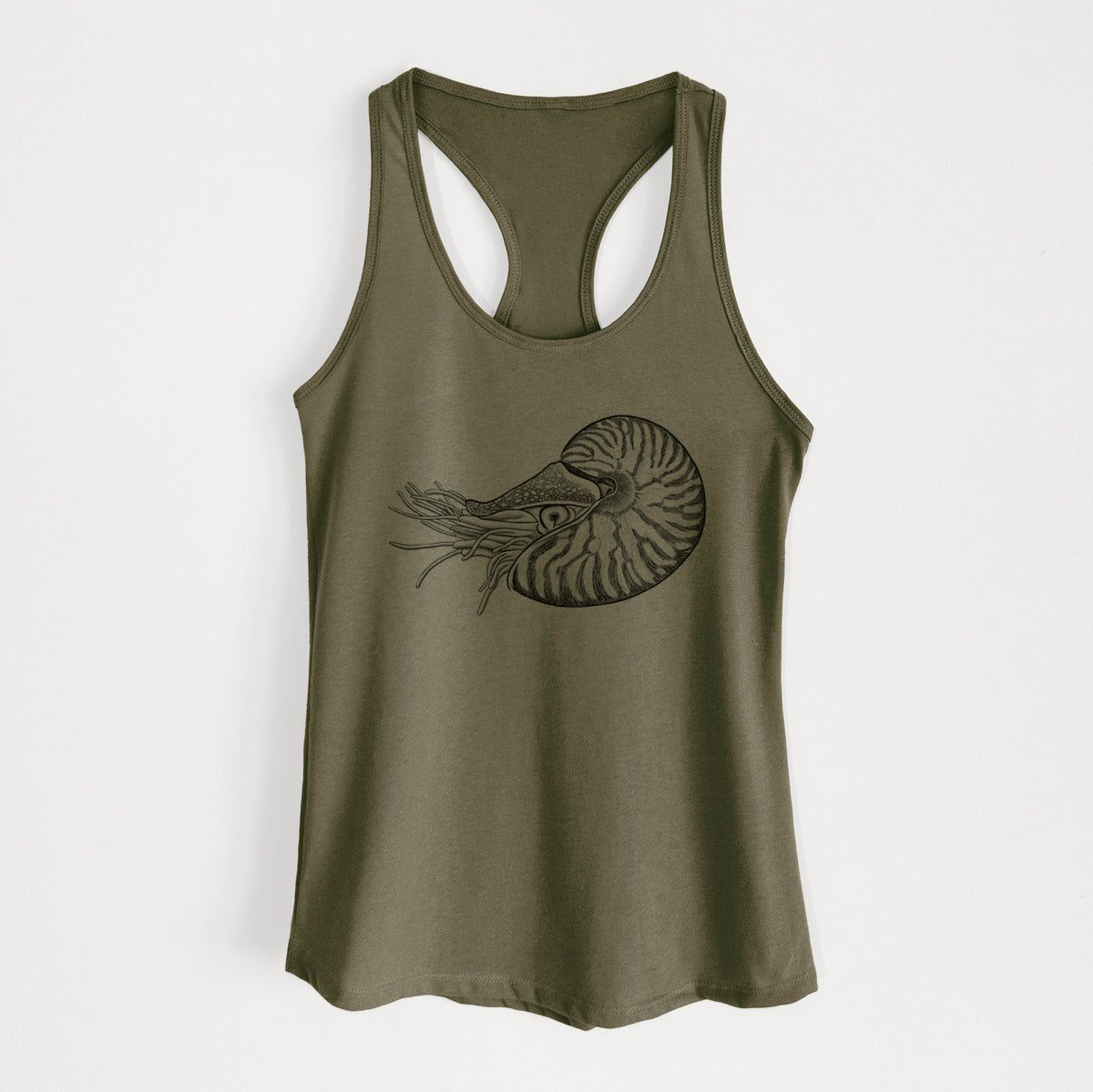 Military green women's racerback tank top laid flat, printed with a detailed black ink illustration of a chambered nautilus with its striped spiral shell and tentacles.