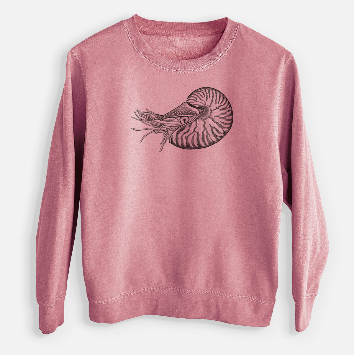 Mauve pink youth crewneck sweatshirt laid flat, printed with a detailed black ink illustration of a chambered nautilus with its striped spiral shell and tentacles.