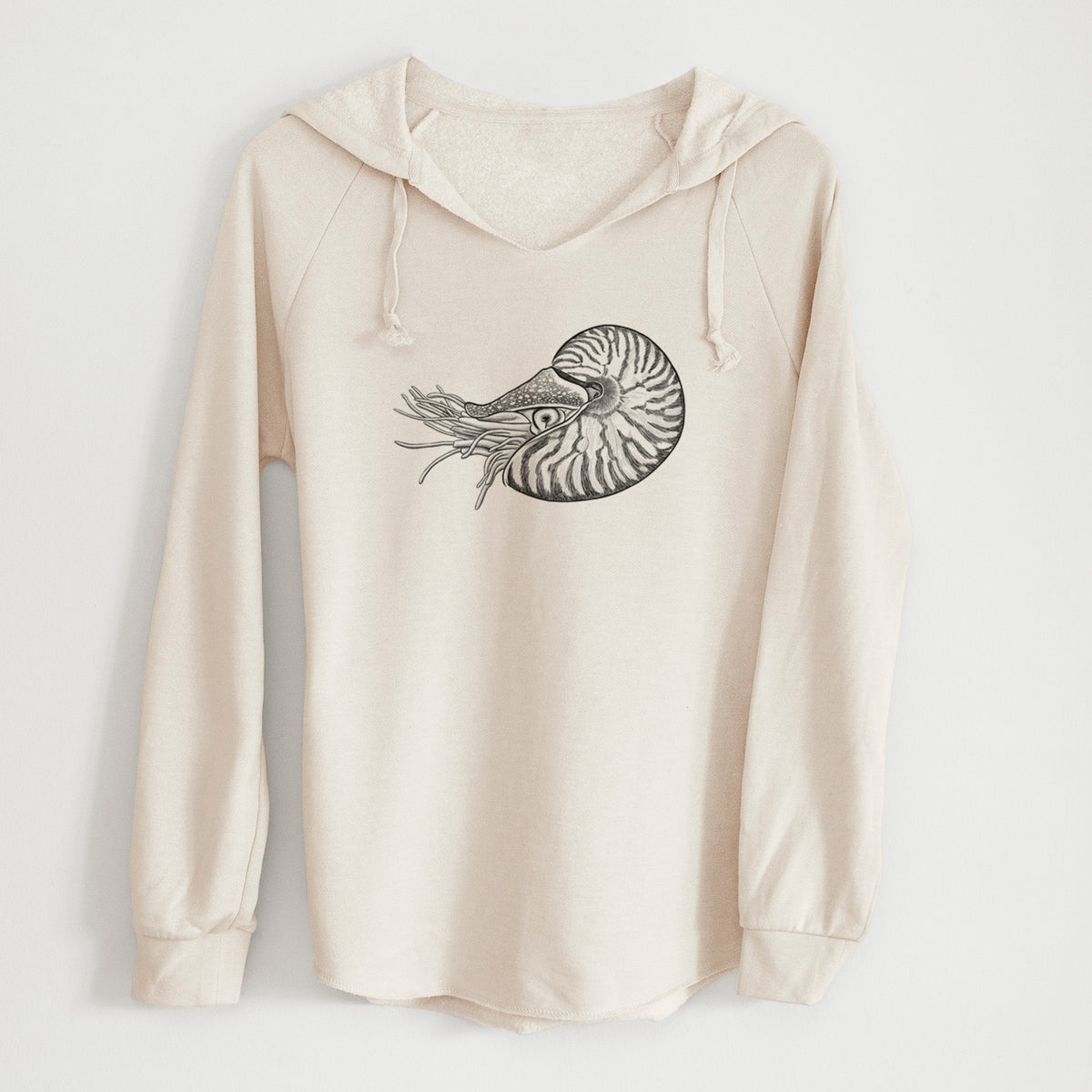 Bone cream women's Cali Wave hooded sweatshirt laid flat, printed with a detailed black ink illustration of a chambered nautilus with its striped spiral shell and tentacles.