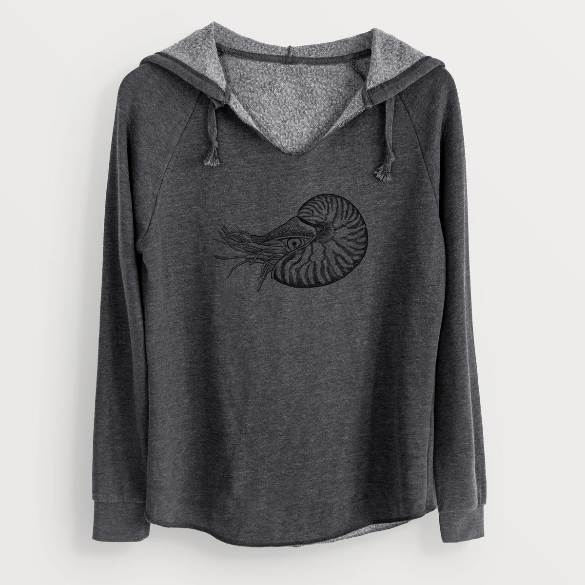 Charcoal grey women's Cali Wave hooded sweatshirt laid flat, printed with a detailed black ink illustration of a chambered nautilus with its striped spiral shell and tentacles.